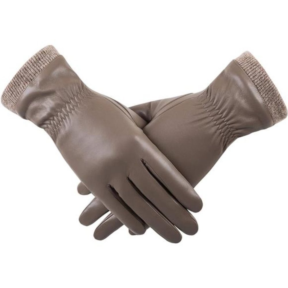 Tan Faux Leather Knit Winter Gloves Wool‎ Fleece Lined Warm Touchscreen Gloves